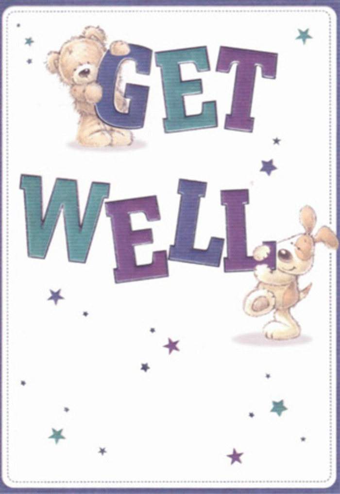 This get well card radiates nurturing energy, inviting the viewer into a gentle celebration of care reminiscent of Twickenham's close-knit community. Illustrated with tender attention, the composition features a friendly bear and a playful puppy weaving their way through oversized, confident letters shaded in harmonious purples and aquas. Stars sparkle and dance around them, as if scattering blessings and good wishes through the clear local air. The bear's soft, textured coat and the puppy's floppy velvet ears are rendered so tangibly that one almost feels their comforting touch-evoking the tactile pleasure of holding a fresh bouquet from a Twickenham florist. Each element is arranged with the kind of careful layering seen in an expertly crafted arrangement, set against a smooth, white background that feels as refreshing as a stroll along Church Street after rain. This card, like a thoughtfully selected floral gift, captures the spirit of heartfelt encouragement, perfect for brightening a neighbour's recovery or lifting a friend's spirits along the Thames Path.